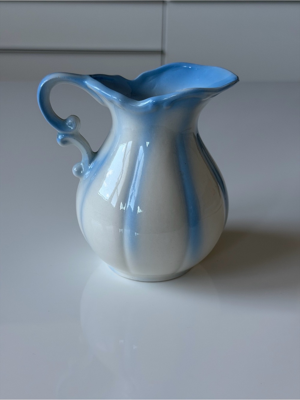 Vintage Signed Studio Pottery Mini Ceramic Pitcher Blue & White Glossy ~ 1989